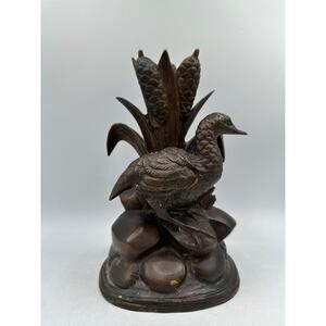 VTG Bronzed Metal Duck in Reeds Cattails Rocks Sculpture Thailand for Domain